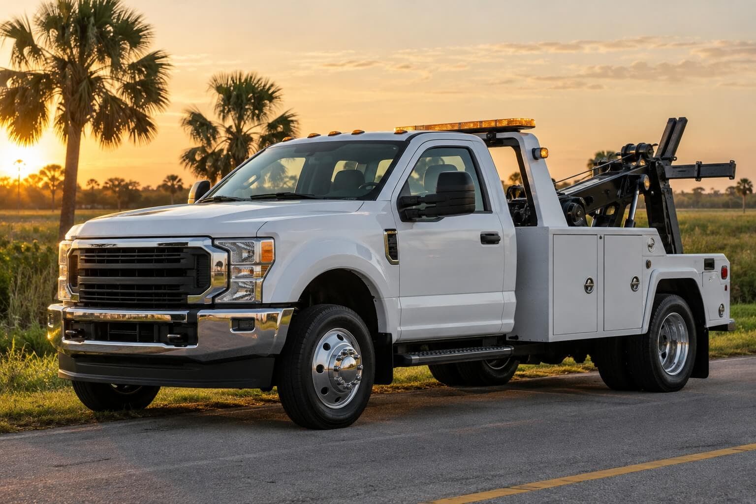 White wrecker tow truck parked on a rural Florida road at sunset